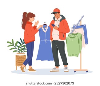 Pretty woman customer choosing dress near hanger with different clothes at fashion store. Girl picks new fashioned clothes in retail shop with her guy, apparel sale. Flat vector design illustration