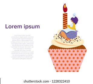 Pretty woman decorate cupcake with candle. Small cook chef sitting on giant cake. Flat vector illustration.