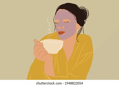 Pretty woman with detox mask on face with cup of tea relaxing in yellow bathrobe. Clean and beauty skincare concept. Wellness and anti-age. Vector Illustration.