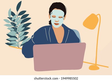 Pretty Woman With Detox Mask On Face With Plant Leafs Behind Working On Laptop At Home Office. Clean And Beauty Skincare Concept. Wellness And Anti-age. Vector Illustration.