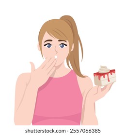 Pretty woman diet with cake slice. Flat vector Character Illustration