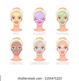 Pretty woman with different skincare facial mask types. Set of vector illustrations isolated on white background.