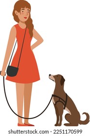 Pretty woman with dog on leash. Pet owner outdoor