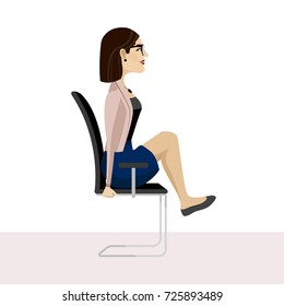 Pretty woman is doing exercise on the office chair. Business woman in healthy warm up pose. Vector illustration.