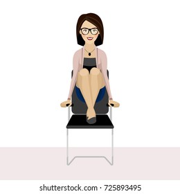 Pretty woman is doing exercise on the office chair. Business woman in healthy warm up pose. Vector illustration.