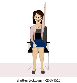 Pretty woman is doing exercise on the office chair. Business woman in healthy warm up pose. Vector illustration.