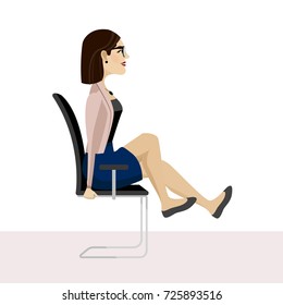 Pretty woman is doing exercise on the office chair. Business woman in healthy warm up pose. Vector illustration.