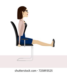 Pretty woman is doing exercise on the office chair. Business woman in healthy warm up pose. Vector illustration.