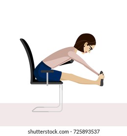 Pretty woman is doing exercise on the office chair. Business woman in healthy warm up pose. Vector illustration.