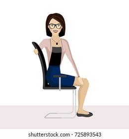 Pretty woman is doing exercise on the office chair. Business woman in healthy warm up pose. Vector illustration.
