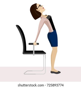 Pretty woman is doing exercise on the office chair. Business woman in healthy warm up pose. Vector illustration.