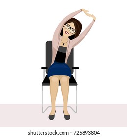 Pretty woman is doing exercise on the office chair. Business woman in healthy warm up pose. Vector illustration.