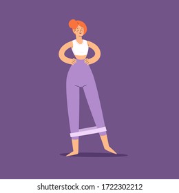 Pretty woman doing workout. Yoga and fitness, healthy lifestyle, female sport exercise or stretching at home set. Flat active girl vector character illustration isolated on purple background