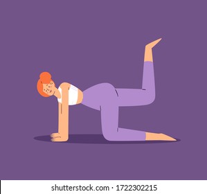 Pretty woman doing workout. Yoga and fitness, healthy lifestyle, female sport exercise or stretching at home set. Flat active girl vector character illustration isolated on purple background