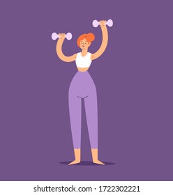 Pretty woman doing workout. Yoga and fitness, healthy lifestyle, female sport exercise or stretching at home set. Flat active girl vector character illustration isolated on purple background