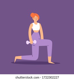 Pretty woman doing workout. Yoga and fitness, healthy lifestyle, female sport exercise or stretching at home set. Flat active girl vector character illustration isolated on purple background