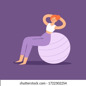 Pretty woman doing workout. Yoga and fitness, healthy lifestyle, female sport exercise or stretching at home set. Flat active girl vector character illustration isolated on purple background