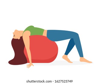 Pretty woman doing Yoga with a big red ball. Pilates training with young girl isolated on white background. Flat style cartoon illustration of a fitness workout on the theme of a healthy lifestyle.