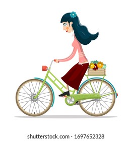 Pretty Woman Dressed in Pink Shirt and Brown Skirt Riding Vintage Green Bicycle with Flowers in Wooden Basket. Girl on Bike Vector Illustration Isolated on White Background.