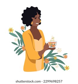 Pretty woman drinking herbal tea for health. Alternative medicine and herbal medicine. Rest and relax. Vector illustration.
