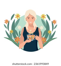 Pretty woman drinking herbal tea for health. Alternative medicine and herbal medicine. Rest and relax. Vector illustration.