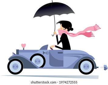 Pretty woman drives car illustration. 
Elegant young woman with a long pink scarf round her neck and umbrella drives a cabriolet isolated on white
