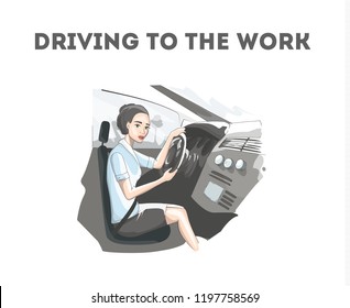 Pretty woman driving in the car to the work. Businesswoman sitting in automobile. Transpotration in the city. Isolated vector illustration