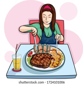 pretty woman eat combo set with delicious felling cartoon vector