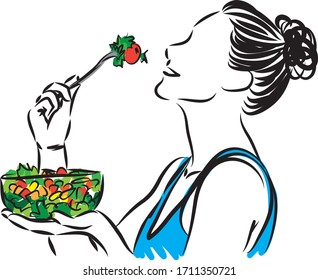 pretty woman eating salad nutrition concept vector illustration