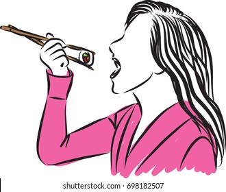 pretty woman eating sushi vector illustration
