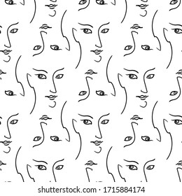 Pretty woman eyes,  faces and lips vector seamless pattern. Black and white.