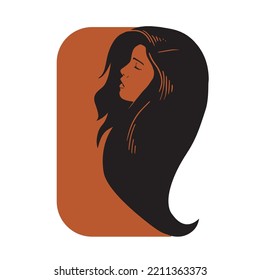 Pretty woman face with long hair silhouette illustration. Female hair beauty salon logo or symbol.