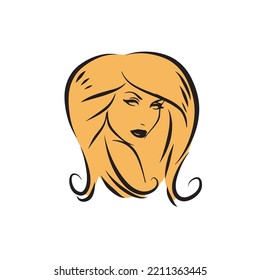 Pretty woman face with long hair silhouette illustration. Female hair beauty salon logo or symbol.