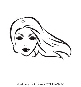 Pretty woman face with long hair silhouette illustration. Female hair beauty salon logo or symbol.