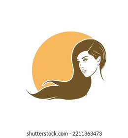 Pretty woman face with long hair silhouette illustration. Female hair beauty salon logo or symbol.