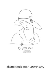 Pretty Woman face made in sketch retro style. Thin line sketch. Young woman with retro hat on her had. Beauty and women day theme. Vector illustration.