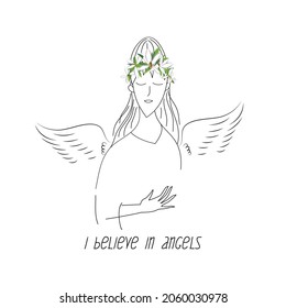 Pretty Woman face made in sketch retro style. Young woman with flower wreath on her had and Angel wings. Thin line sketch.  Vector illustration.