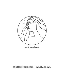 Pretty Woman face made in sketch retro style.  Vector logo and branding design for beauty centre, fashion studio, haircut salon and cosmetics.