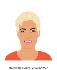 Pretty woman, face portrait avatar. Modern female person. Pretty blond girl with short haircut, friendly kind character smiling. Flat cartoon vector illustration isolated on white background.