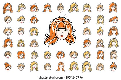 Pretty woman faces and hairstyles heads vector illustrations set isolated on white background, girl happy attractive beautiful faces avatars collection with different haircuts.