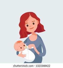 Pretty woman feeding newborn baby  holding him in her arms. Pregnant woman.Vector illustration. Flat design.
