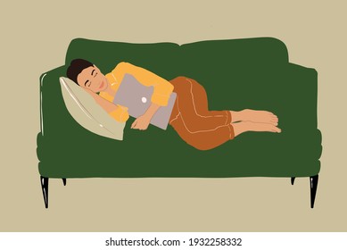 Pretty woman fell asleep on the comfortable green couch in an embrace with a laptop. Lifestyle concept. Vector illustration.