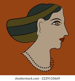 Pretty woman. Female portrait in profile. Head of a lady or goddess from Acrotiri. Thera island. Cyclades, Greece. Ancient Greek Cretan Minoan art. On red background.