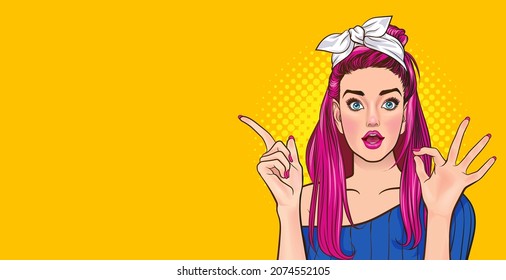 pretty woman with finger point and okay gesture Pop Art Comic Style