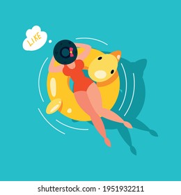 Pretty woman floats on an inflatable circle. Vector illustration.