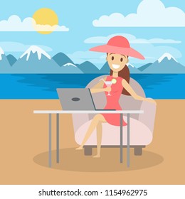 Pretty woman freelancer on the beach. Working remotely on the laptop computer through the internet. Working while travelling. Vector flat illustration