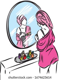 PRETTY WOMAN IN FRONT OF MIRROR VECTOR ILLUSTRATION