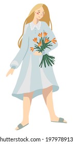 Pretty woman full-length figure in cottage core aesthetic. Girl in a summer dress is holding bouquet of flowers. Simple vector illustration. Isolated clipart for decor, sticker, design, card, print.