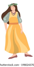Pretty woman full-length figure in cottage core aesthetic. Girl in a summer dress and wreath of wildflowers. Simple vector illustration. Isolated single clipart for decor, sticker, design, card, print