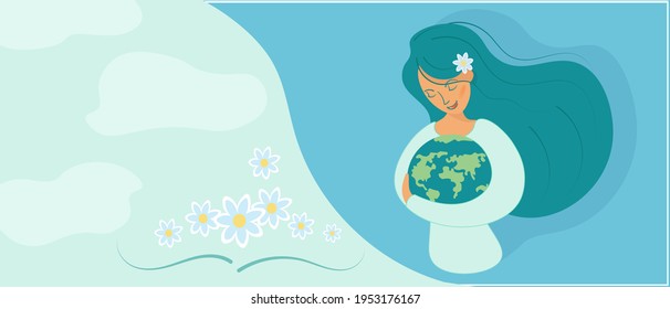 Pretty woman gently hugs the blue planet. Delicate blue background with flowers and clouds. Vertical banner with place for text. Vector illustration for poster Earth Day. Flat style.